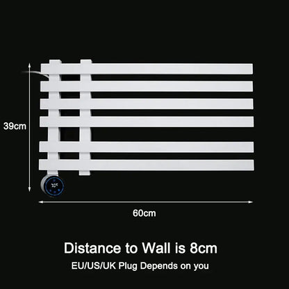 Modern matte black electric towel warmer with digital display and sleek horizontal slats for efficient heating