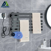 Black matte-finish electric towel warmer with digital temperature display and control panel for bathroom use