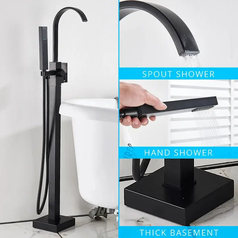 Modern matte black floor mounted bathtub faucet with black matte finish spout and integrated handheld showerhead decorbites black floor