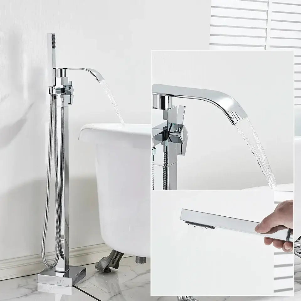 Modern chrome finished freestanding bathtub faucet with sleek angular design and integrated handheld showerhead decorbites black floor mounted