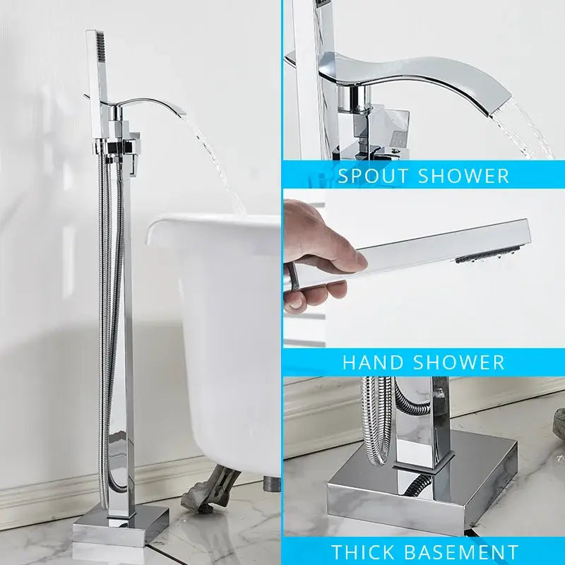 Modern chrome-finished bathtub faucet set with tall handheld and separate hand shower for decorbites black floor mounted use