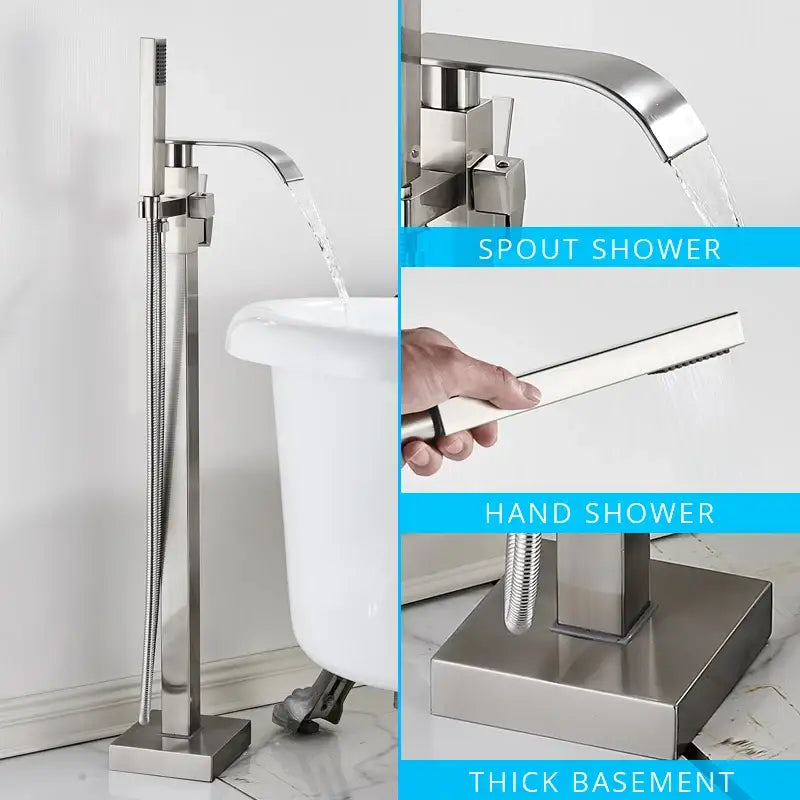 Modern brushed stainless steel spout bathtub faucet with integrated handheld showerhead and thick base for decorbites black floor mounted set