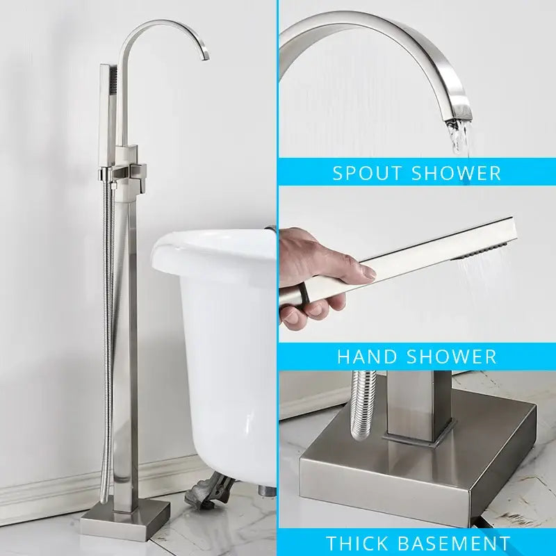 Modern matte black floor mounted bathtub faucet with brushed nickel tall arched spout and detachable hand shower decorbites black floor