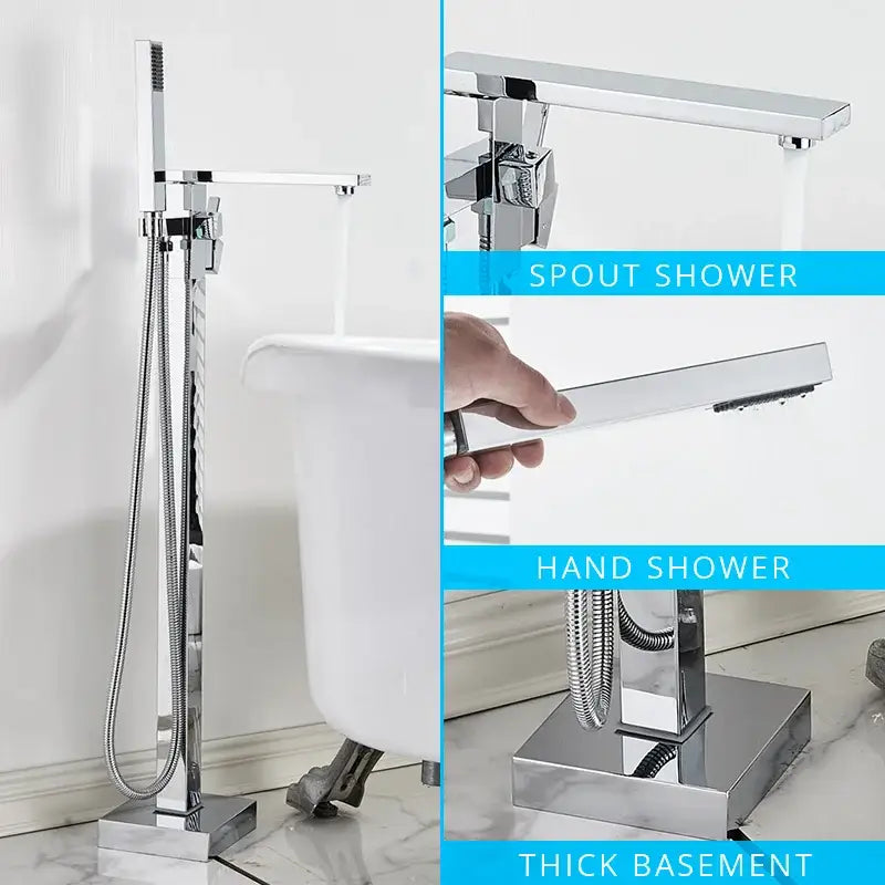 Modern chrome-finished bathtub faucet with sleek rectangular spout and detachable hand shower for decorbites black floor mounted set