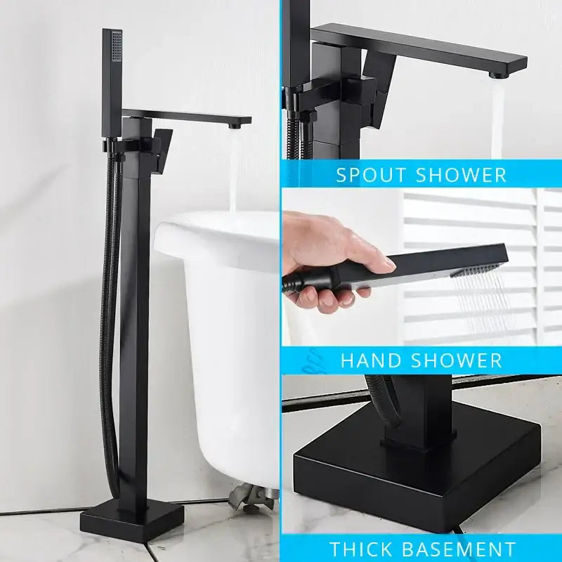 Modern matte black floor mounted bathtub faucet with integrated spout shower and hand shower decorbites black floor