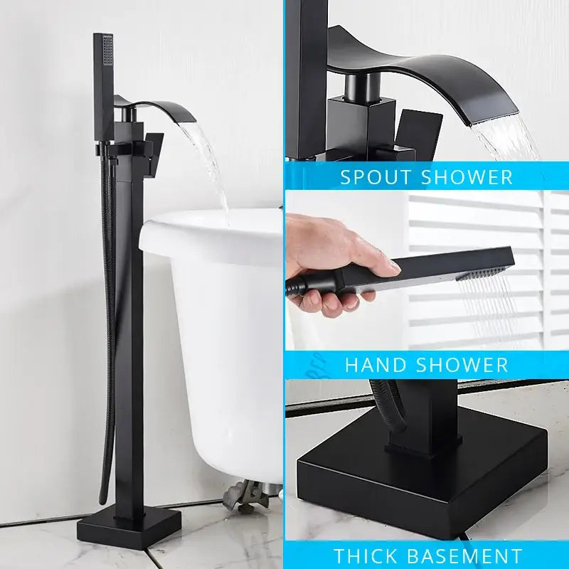 Modern matte black floor mounted bathtub faucet waterfall set with tall handheld and separate hand shower by decorbites black floor mounted