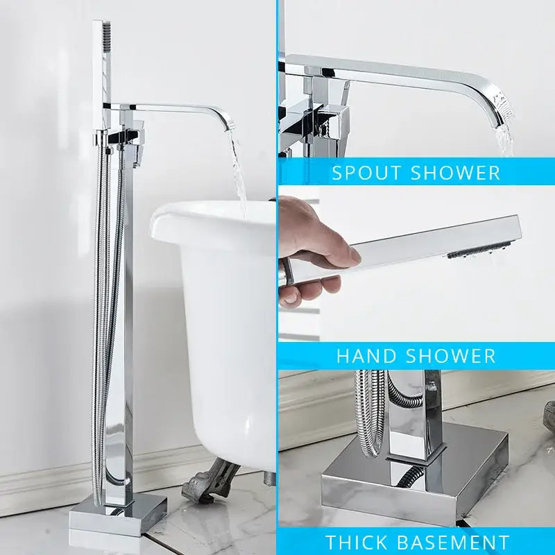 Modern matte black floor mounted bathtub faucet with chrome-finished spout and integrated handheld showerhead decorbites black floor