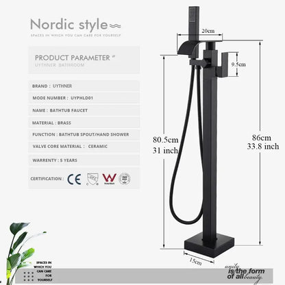 Modern matte black floor mounted bathtub faucet with sleek nordic design and integrated hand shower decorbites black floor mount