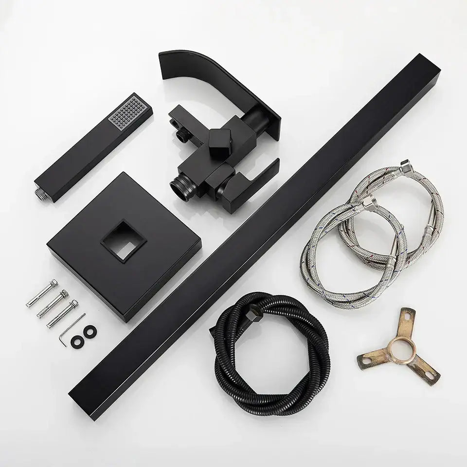 Modern matte black floor mounted bathtub faucet with black matte finish and sleek geometric decorbites black floor design