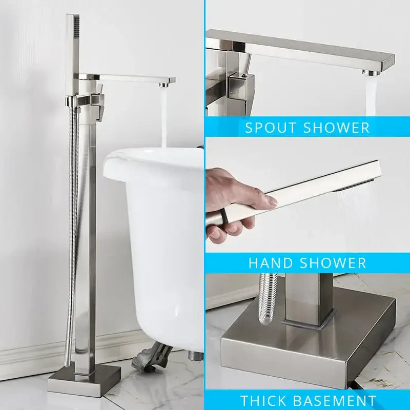 Modern brushed stainless steel spout shower and hand shower set with sleek rectangular design for black floor mounted bathtub faucet decorbites