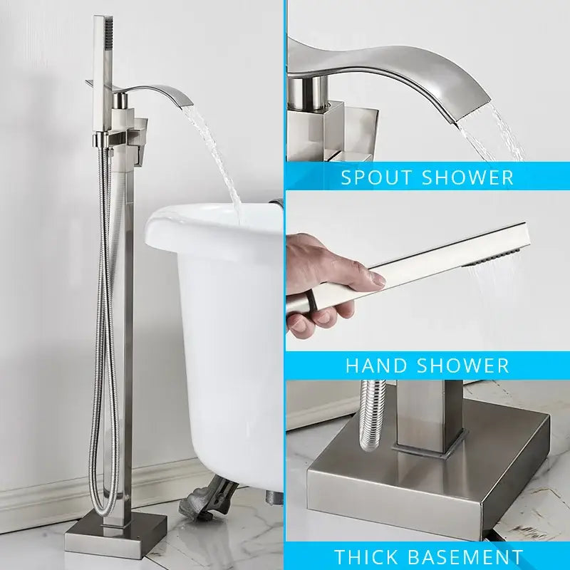 Modern brushed stainless steel bathtub faucet set with tall spout handheld showerhead and square base for decorbites black floor mounted use