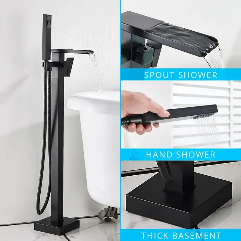 Modern matte black floor mounted bathtub faucet with integrated handheld showerhead and spout by decorbites black floor