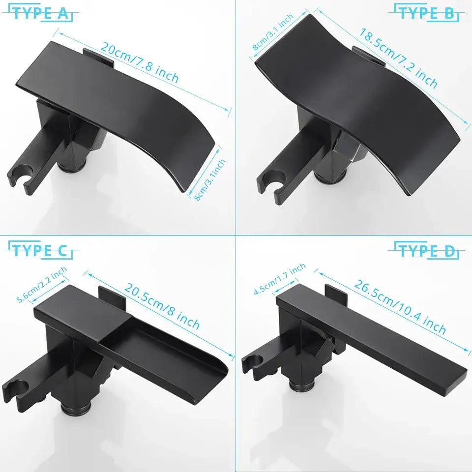 Modern matte black floor mounted bathtub faucet waterfall bathroom set with sleek black matte finish and varying spout lengths