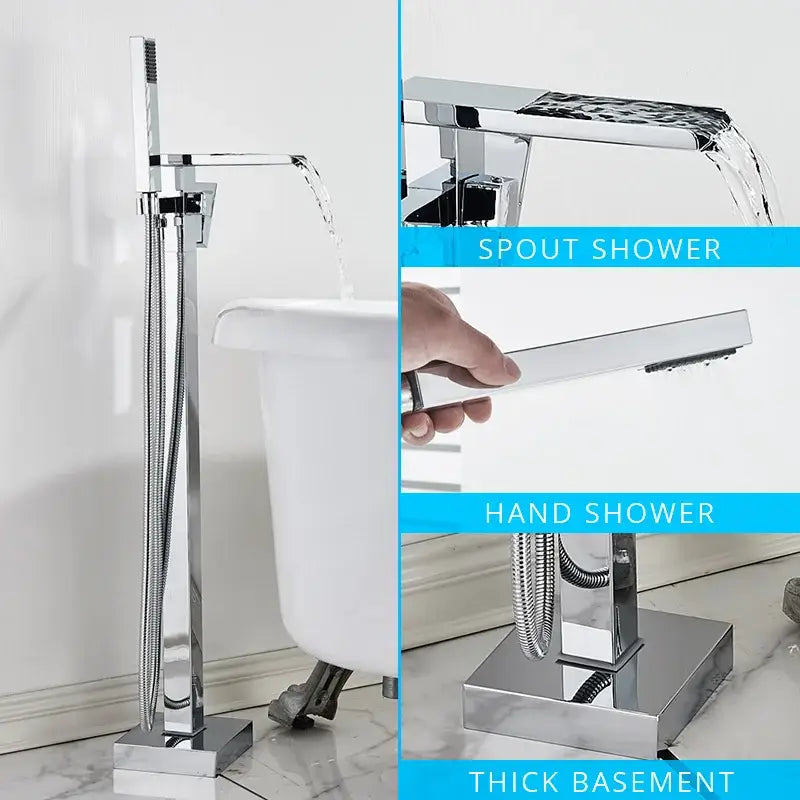 Modern chrome-finished bathtub faucet set with tall spout shower and detachable hand shower for decorbites black floor mounted use