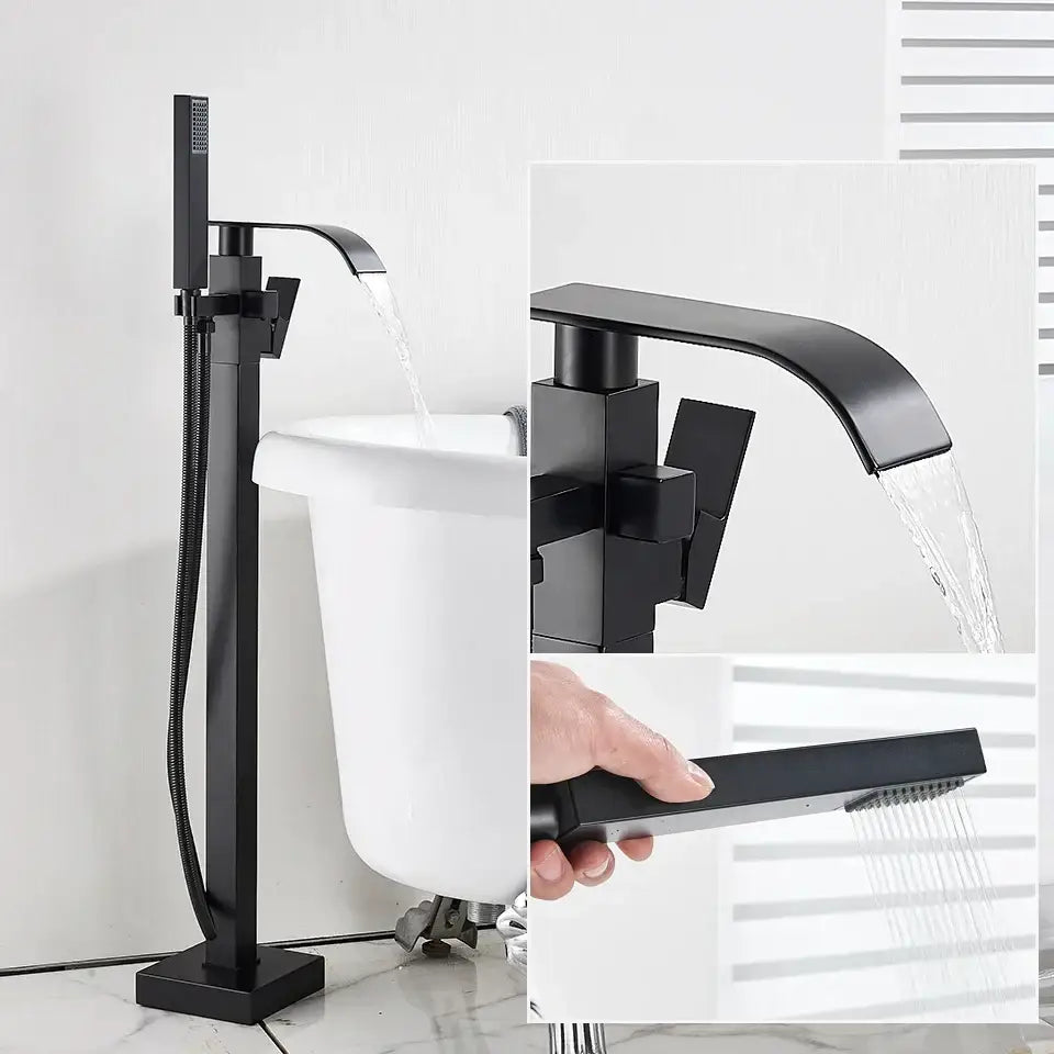 Modern matte black floor mounted bathtub faucet with sleek angular design and integrated handheld showerhead decorbites black floor