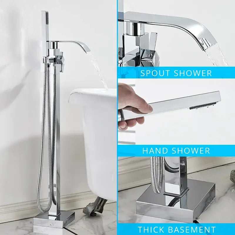 Modern chrome-finished bathtub faucet with tall spout and detachable hand shower for black floor mounted decorbites set