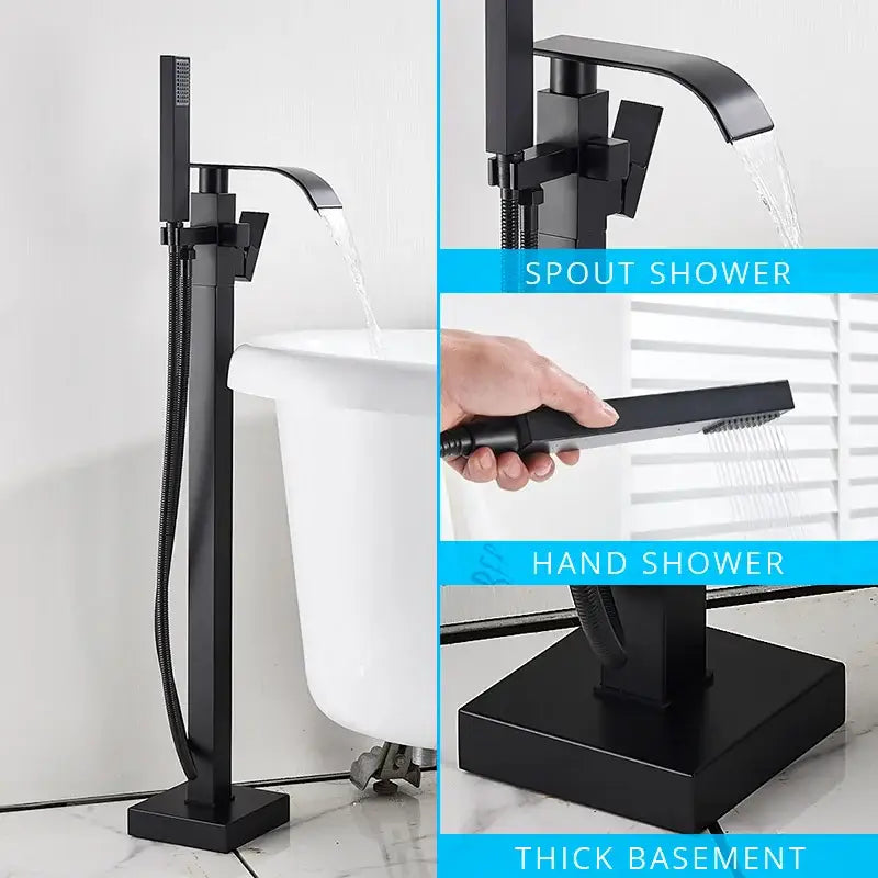 Modern matte black floor mounted bathtub faucet with waterfall spout and integrated hand shower for bathroom decorbites black floor