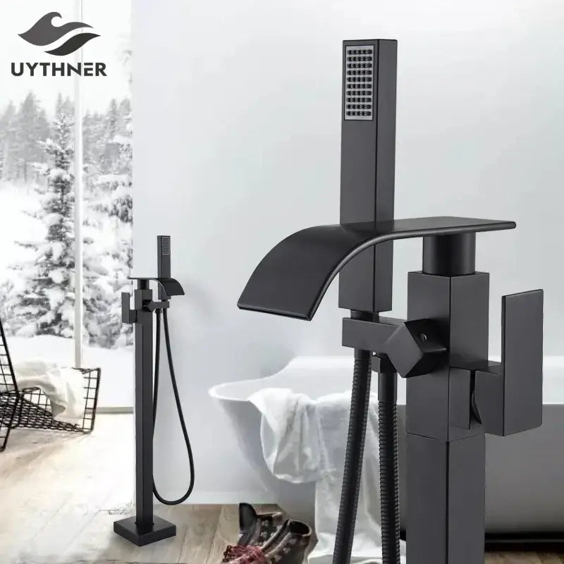 Modern matte black floor mounted bathtub faucet with waterfall spout and rectangular showerhead for decorbites black floor mounted bath