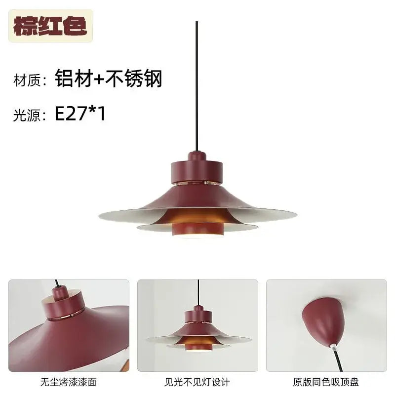 This is a modern flying saucer pendant light in matte burnt red aluminum and stainless steel for dining room decorbites modern flying