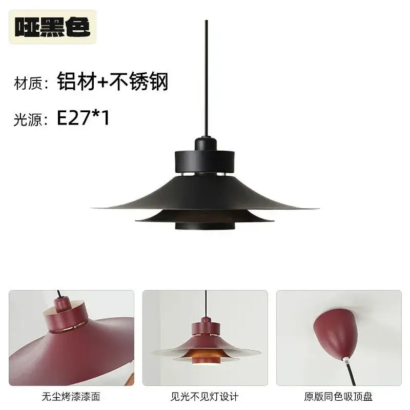 Modern flying saucer pendant light with matte black aluminum and stainless steel flared shades for dining room decorbites