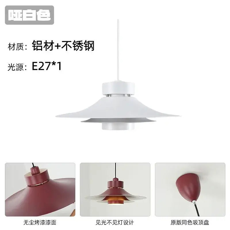 White pendant lamp with a layered, flared shade made of aluminum and stainless steel.