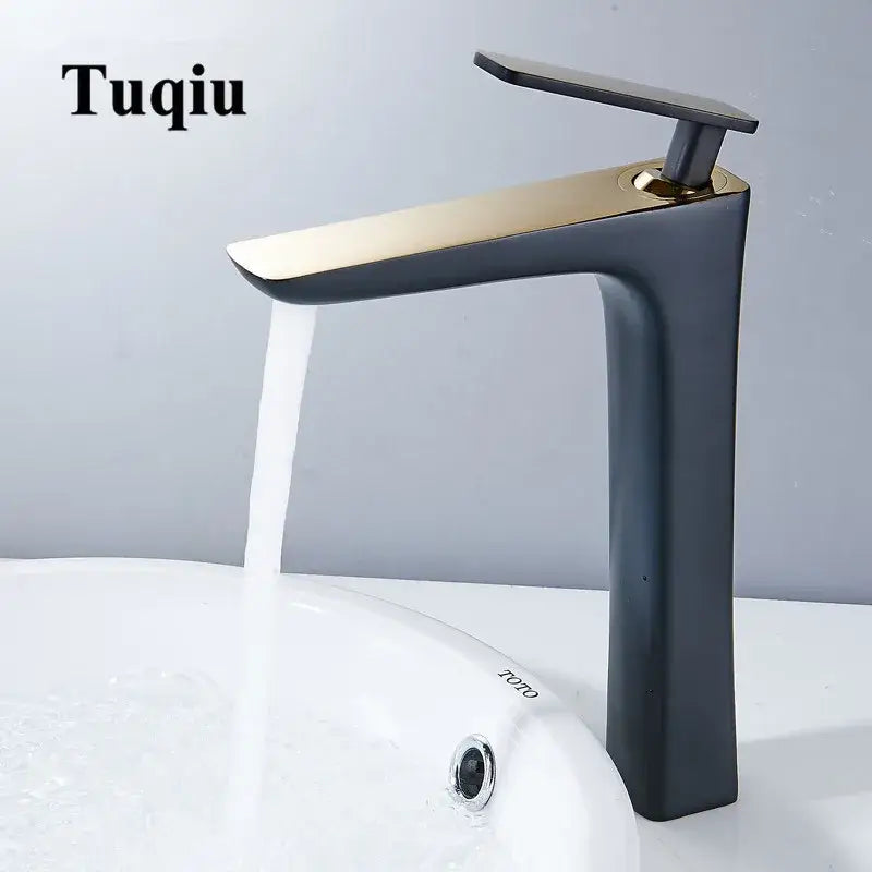 Modern matte black and gold basin faucet with sleek minimalist design from decorbites basin faucet collection