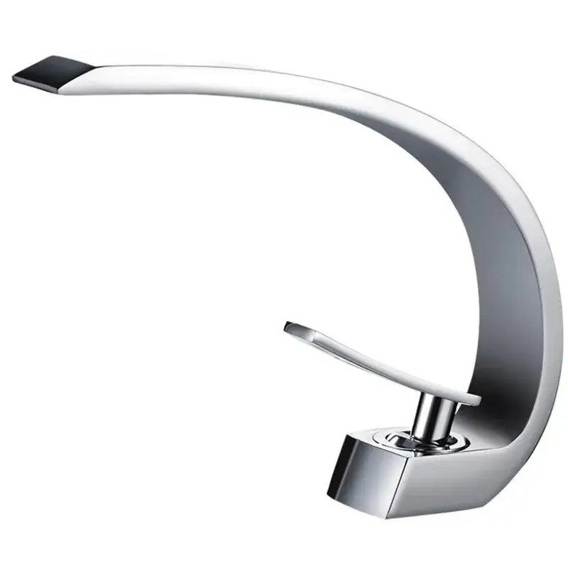 Modern matte black and gold modern basin faucet with chrome finish and sleek curved design featuring black square spout tip