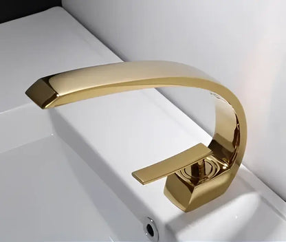 Gold modern basin faucet with sleek curved spout and rectangular handle for bathroom modern basin faucet use