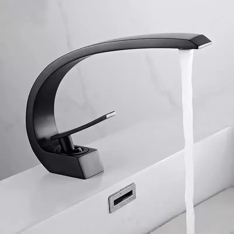 Modern matte black basin faucet with sleek curved design and rectangular spout for gold modern basin use