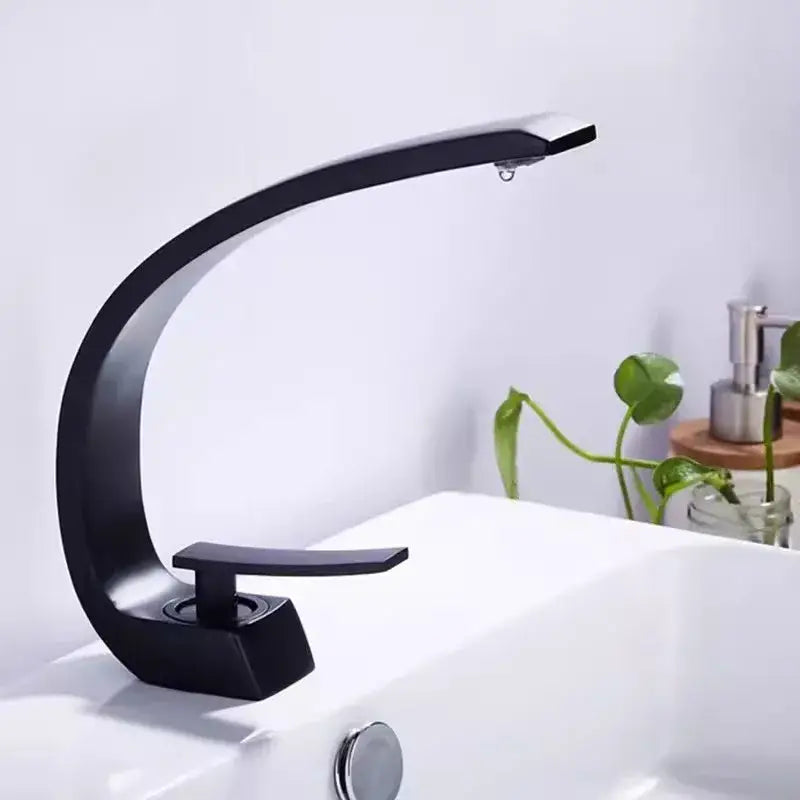 Modern matte black basin faucet with sleek curved design for bathroom gold modern basin faucet style