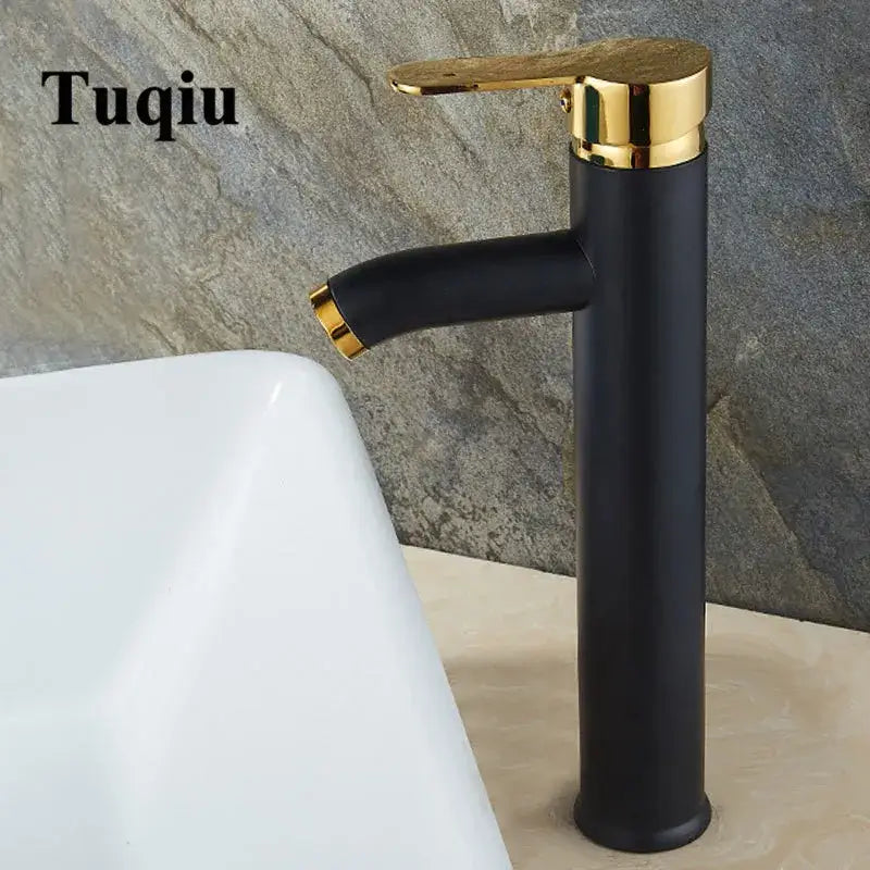 Modern matte black and gold single handle wash basin faucet mixer with tall design by decorbites black single