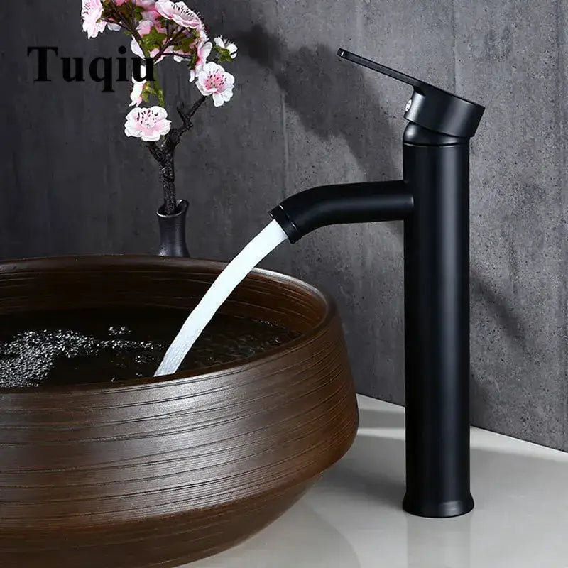 Modern matte black single handle wash basin faucet with sleek cylindrical design decorbites black single model