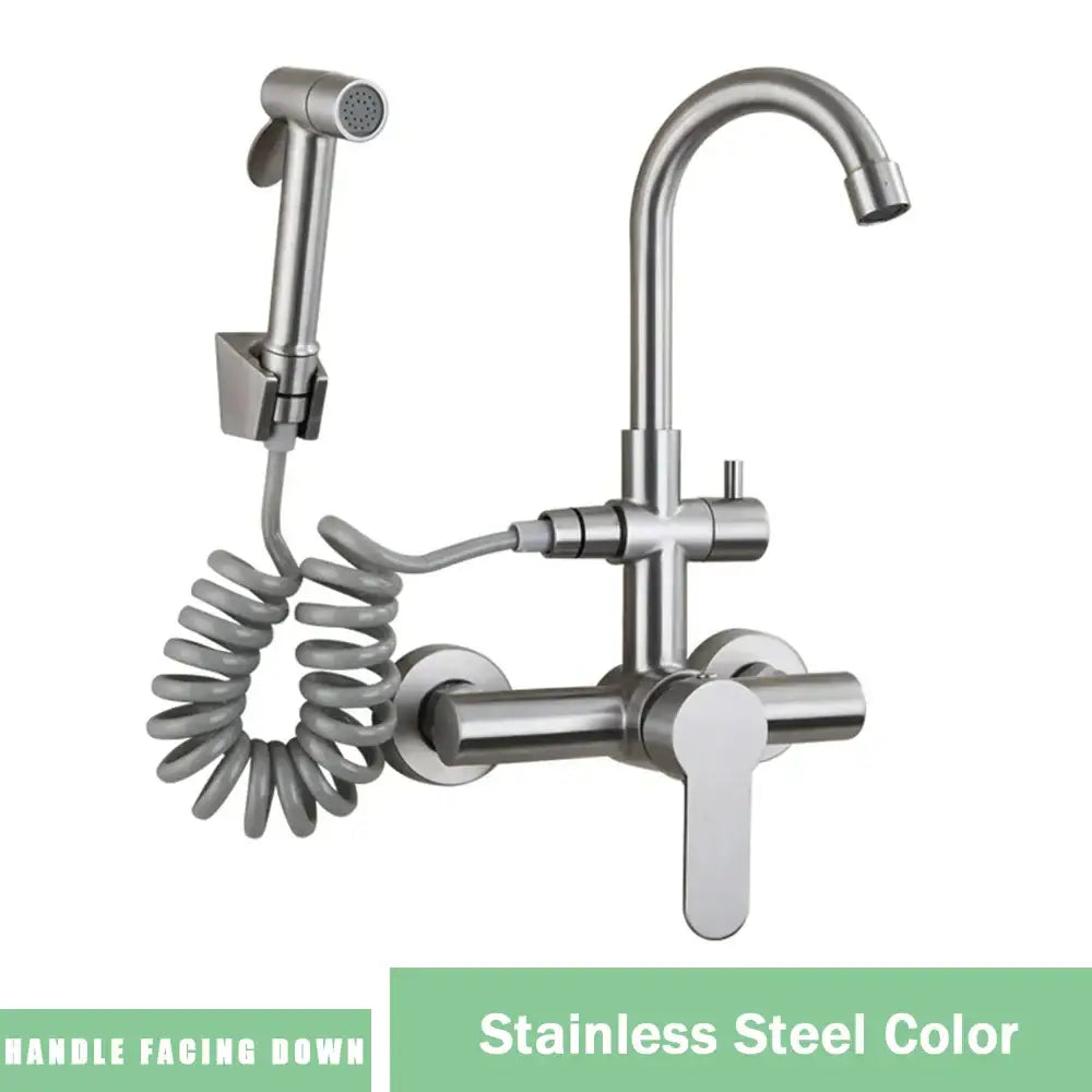Modern matte black gourmet kitchen faucet with stainless steel bathroom faucet featuring handheld showerhead and coiled hose