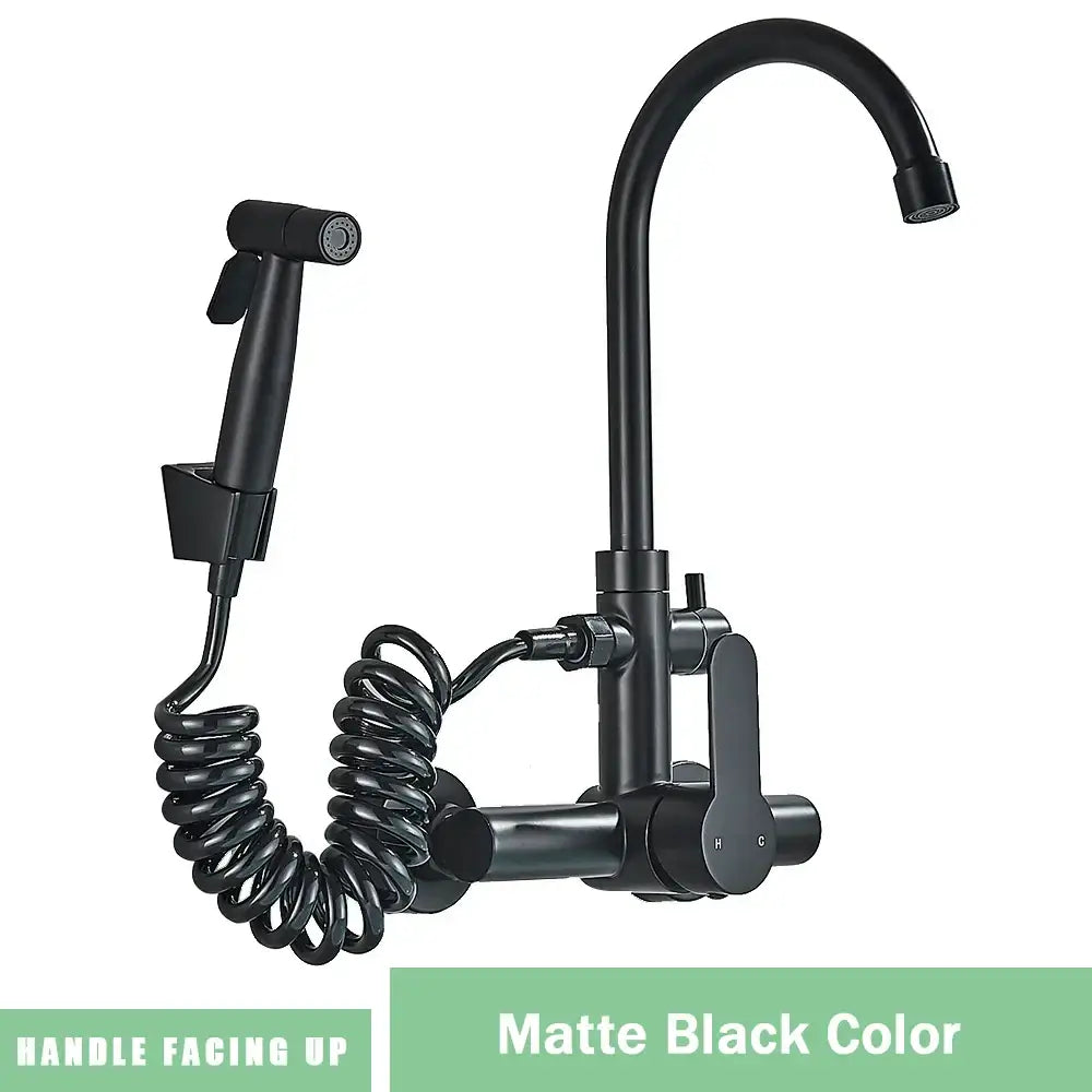 Modern matte black gourmet kitchen faucet with integrated spray nozzle and coiled hose for versatile kitchen use
