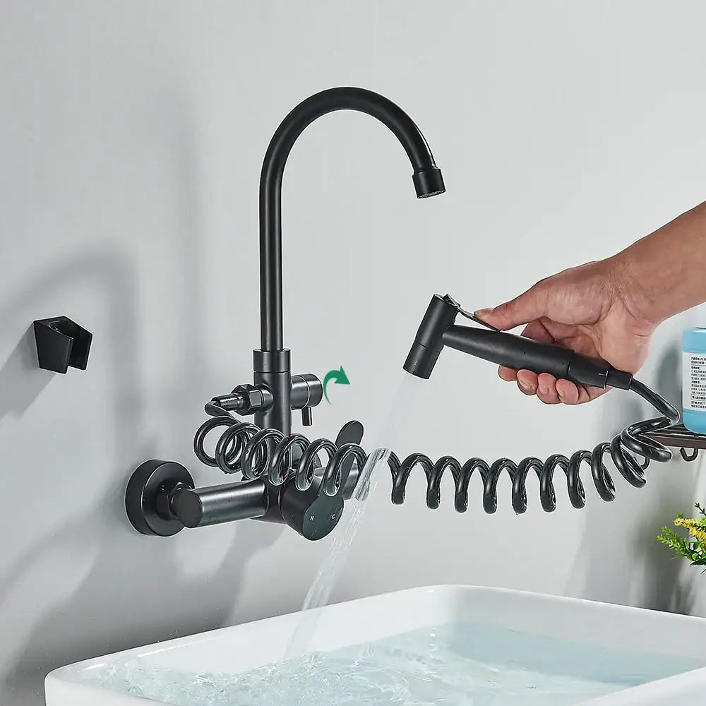 Modern matte black gourmet kitchen faucet with pull-out spray nozzle and coiled hose for a functional kitchen faucet