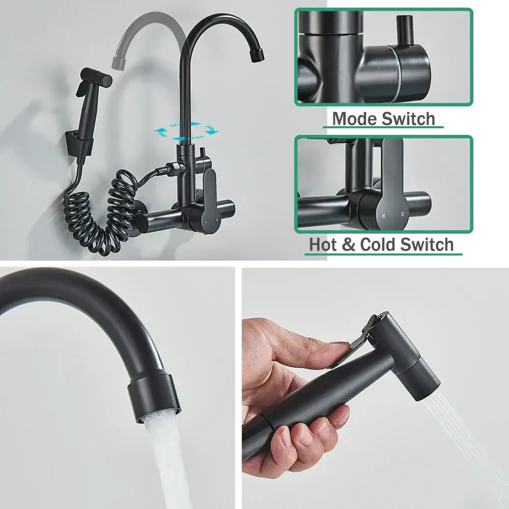 Modern matte black gourmet kitchen faucet with extendable spray nozzle and dual control switches in matte finish