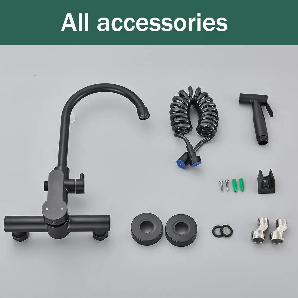 Modern matte black gourmet kitchen faucet with black matte finish curved spout and dual-handle control system