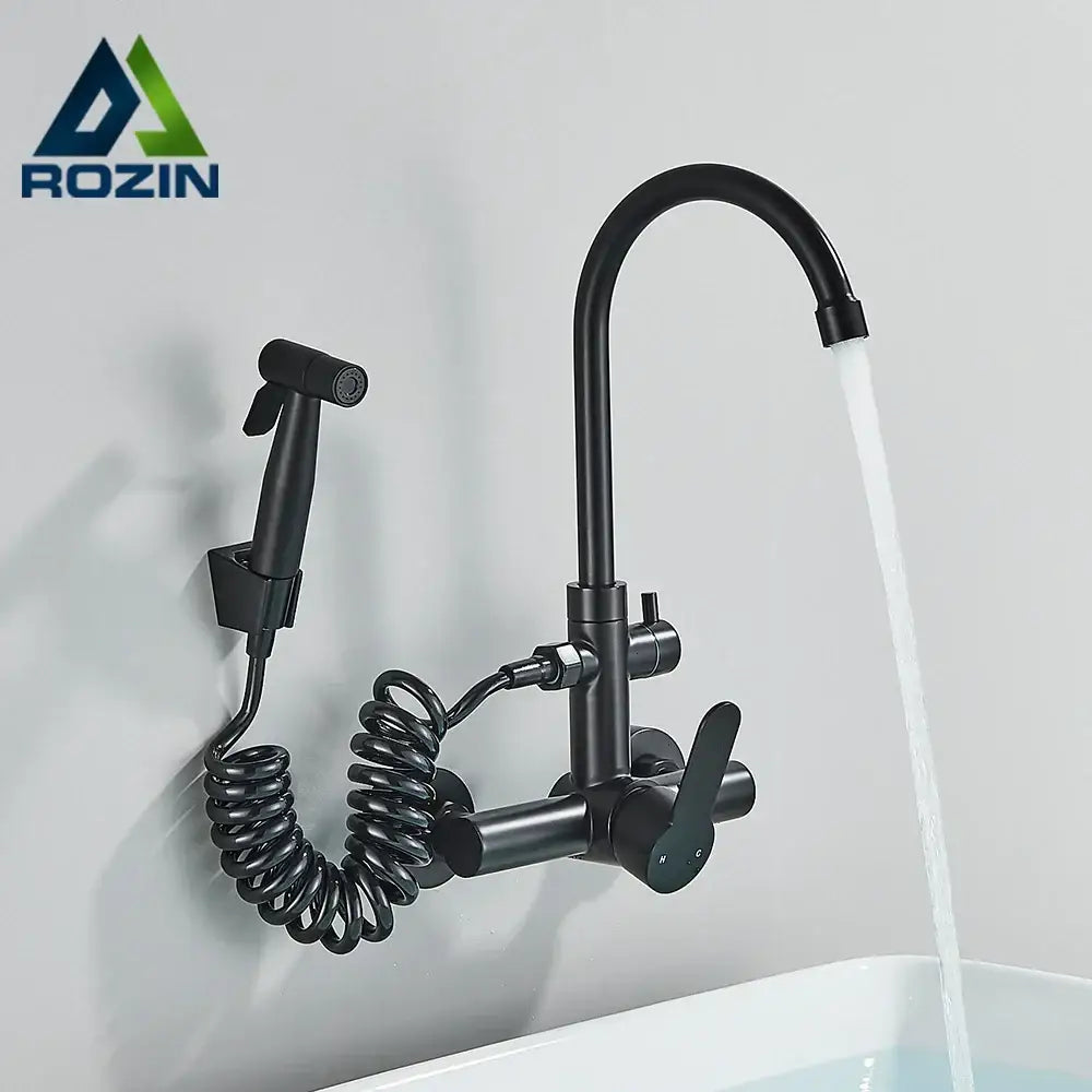 Modern matte black gourmet kitchen faucet with coiled hose and curved spout featuring extendable spray nozzle