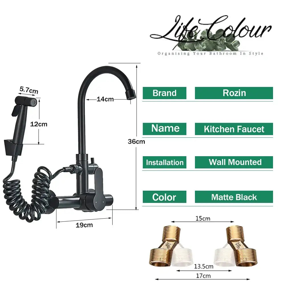 Matte black rozin wall-mounted gourmet kitchen faucet with curved spout and attached extendable handheld sprayer