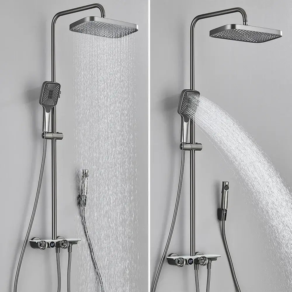 Modern matte black and grey digital shower faucet set with square rainhead and chrome accent controls for bathroom rainfall