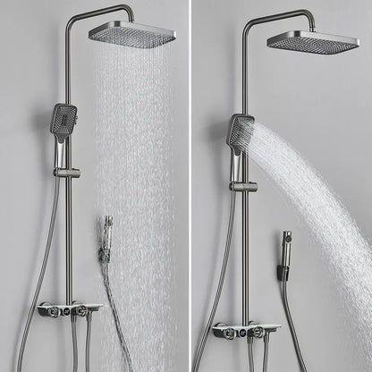 Modern matte black and grey digital shower faucet set with square rainhead and chrome accent controls for bathroom rainfall
