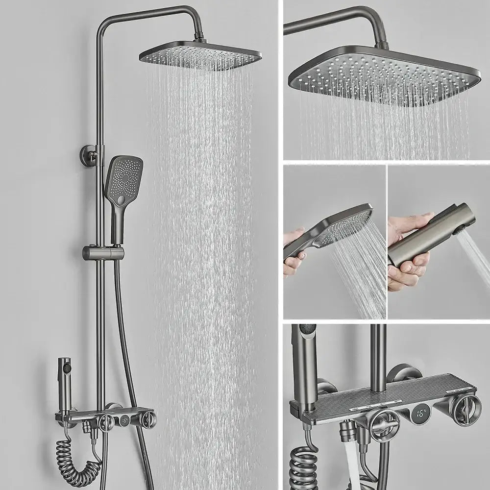 Modern matte black and grey digital shower faucet set with square rainhead, handheld spray, and integrated control panel