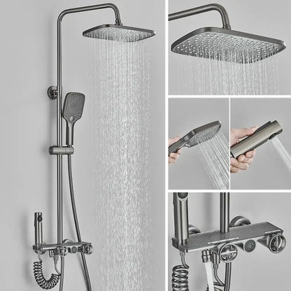 Modern matte black and grey digital shower faucet set with square rainhead, handheld spray, and integrated control panel