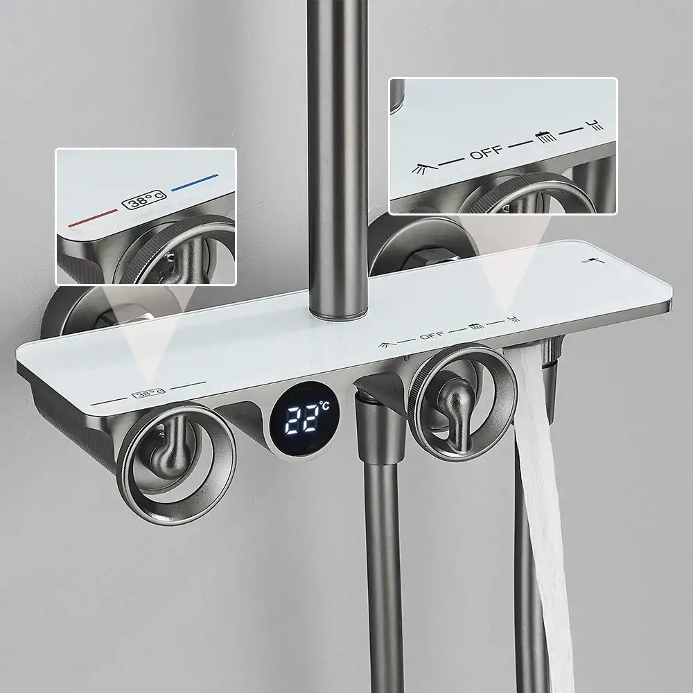 Modern chrome shower faucet set with sleek white glass panel, digital 22°c display, and dual rotary knobs for control