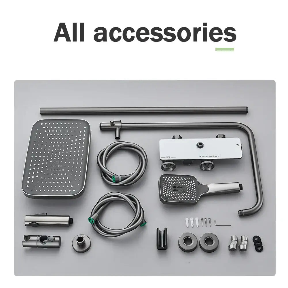 Modern matte black and grey digital shower faucet set with rectangular rainhead and chrome hoses for bathroom rainfall