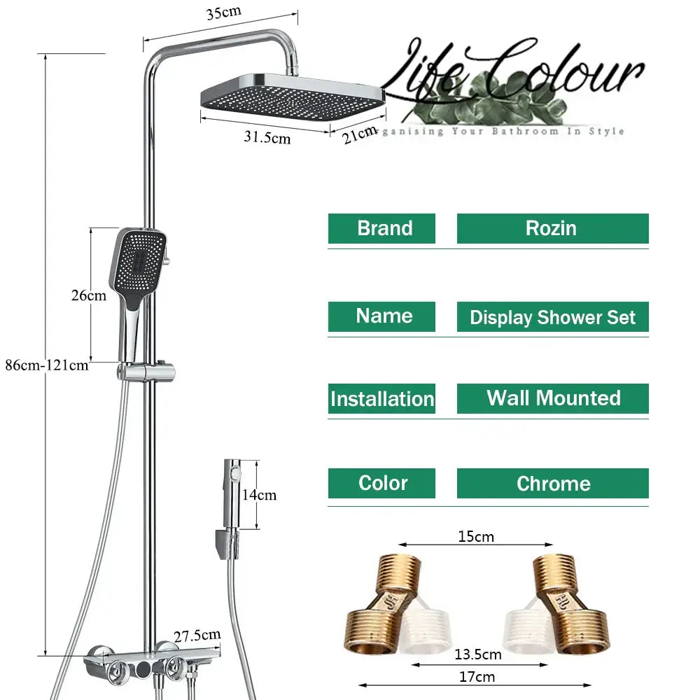 Chrome-finished rozin display shower faucet set with rectangular rain showerhead and handheld spray nozzle for bathroom use