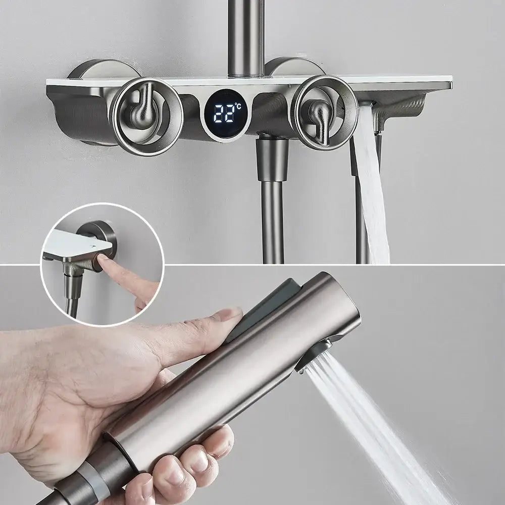Modern matte black and grey digital shower faucet set with brushed nickel handheld spray and temperature display