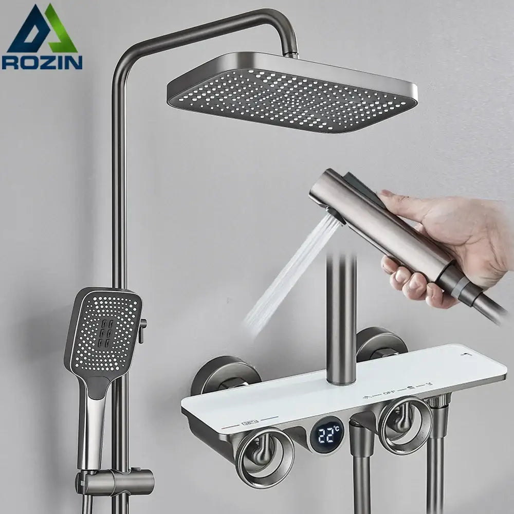 Modern matte black and brushed stainless steel shower faucet set with square rainhead handheld spray and digital display