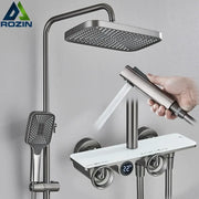 Modern matte black and brushed stainless steel shower faucet set with square rainhead handheld spray and digital display