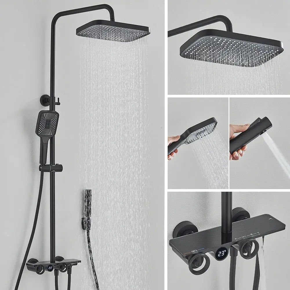 Modern matte black and grey digital shower faucet set with rainfall head handheld spray and temperature display